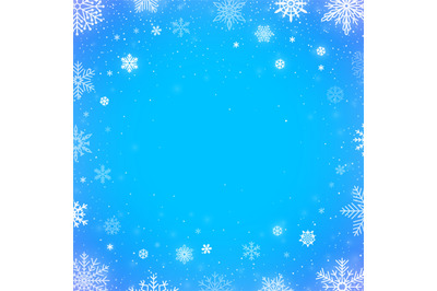 Winter falling snow blue background. Christmas or new year border deco