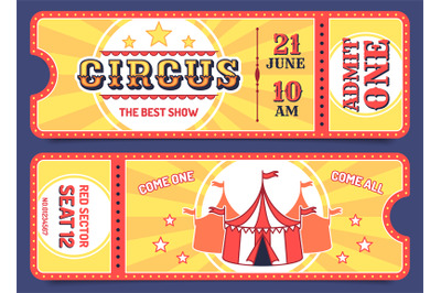 Circus tickets. Entrance ticket templates with sample text, invitation