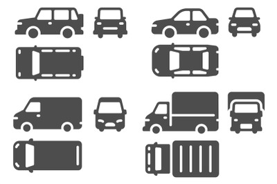 Car top side and front view. Vehicle projection, suv, minibus and truc