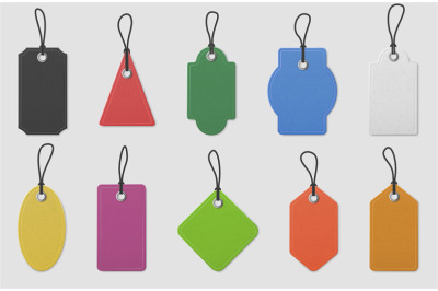 Color paper price tag labels. Realistic colored shopping hanging tags