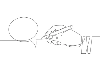 Hand with pen drawing speech bubbles. Sketch hand draws empty think ba