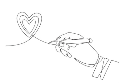 Hand pen and heart. Continuous one line hand drawing heart scribble si