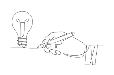 Light bulb idea. Sketch hand with pen drawing one line bulb, invention