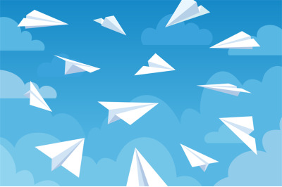 Paper planes in blue sky. White flying airplanes in clouds from differ