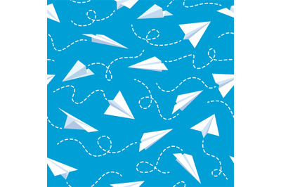 Paper plane seamless pattern. White flying airplanes in blue sky diffe