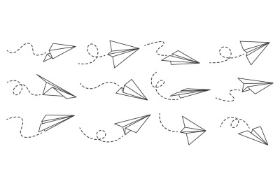 Paper airplane. Outline flying planes from different angles and direct