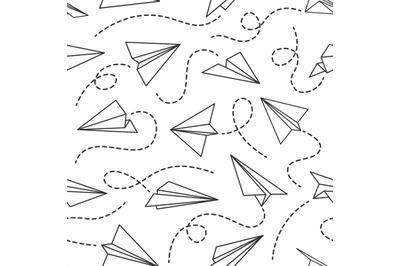 Line paper airplane seamless pattern. Flying planes from different dir