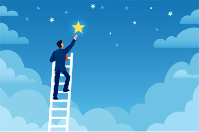 Businessman success. Man on ladder reaches stars on sky, achieve goals