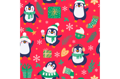 Penguins seamless pattern. Cartoon cute penguins in winter clothing an