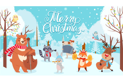 Animals celebrating christmas. Xmas cute card with happy animals music