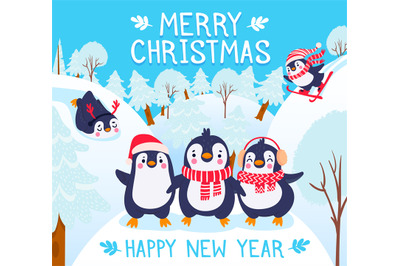 Christmas with penguins. Holidays greetings with cute happy penguins i