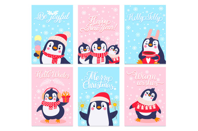 Penguin cards. Merry christmas greetings card with arctic animals in w