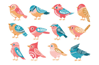 Decorative birds. Hand drawn bird with folk ornaments in scandinavian