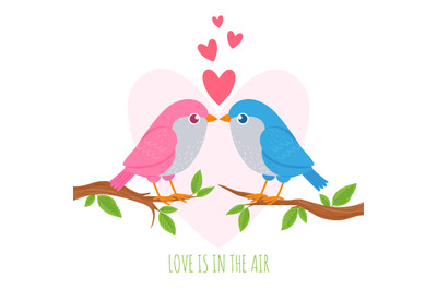 Bird love. Cute birds lovers on branch, romance couple, wedding and va