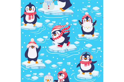 Penguins seamless pattern. Cute baby penguins in winter clothing and h