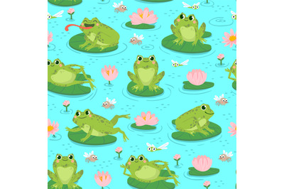 Frog seamless pattern. Repeating cute frogs and aquatic plants baby sh