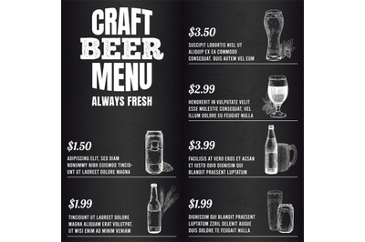 Pub menu. Beer drink menu for restaurant or cafe template design. Glas