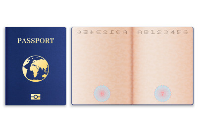 Passport mockup. Realistic blank open pages paper with watermark forei