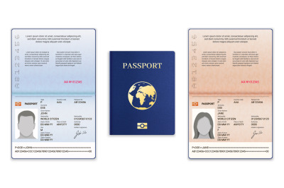 Passport template. International open passport with sample personal da