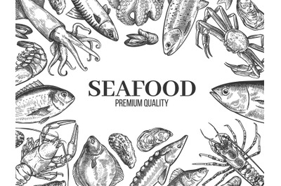 Sketch seafood. Hand drawn fresh fish, lobster, crab, oyster, mussel,