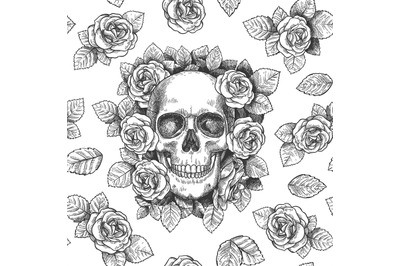 Skull with flowers. Sketch skulls with roses gothic artwork&2C; repeat gr