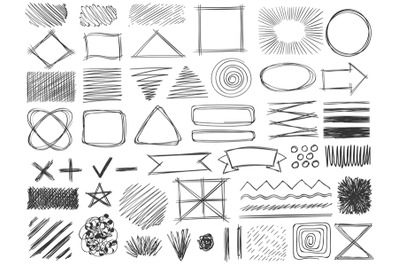 Sketch shapes. Monochrome scribble symbols, drawing pencil frame, stro