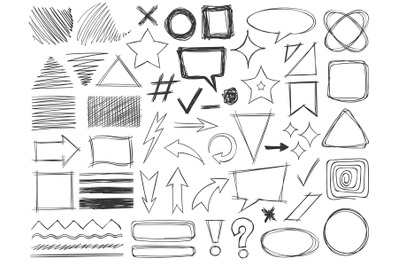 Doodle shapes. Drawings pencil monochrome textures strokes, arrows and