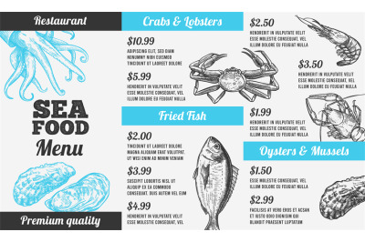 Seafood menu. Hand drawn marine fresh fishes, gourmet food design rest