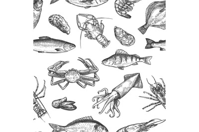 Seafood seamless pattern. Hand drawn lobster, crab, oyster and mussel,