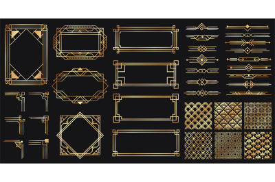 Art deco elements set. Creative golden borders and frames. Dividers an