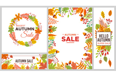 Autumn sale banners. Colorful fall leaves, seasonal discount. Tree fol