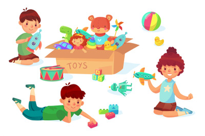 Children playing with toys. Boy holding rocket in hands&2C; guy with bric