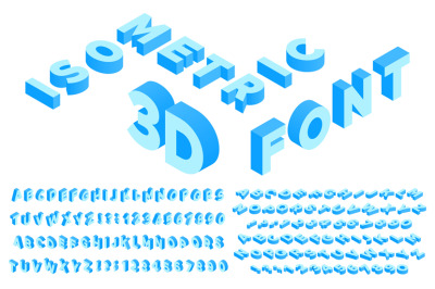 Isometric 3d font. Perspective alphabet lettering, numbers and punctua