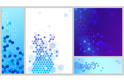 Molecular structure banners set. Connecting lines and dots&2C; hexagons a