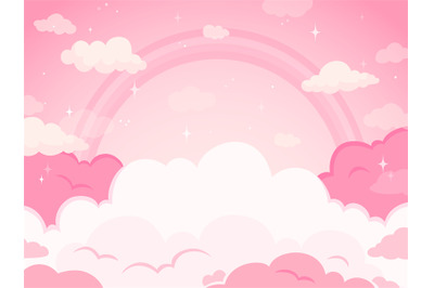 Pink fairytale sky background with stars and rainbow. White and pastel