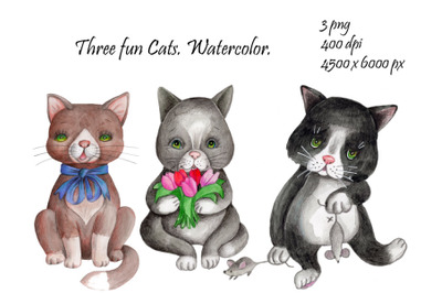 Three fun Cats. Watercolor.