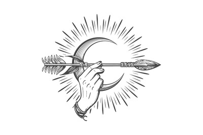 Human Hand Holds Arrow Against Crescent Moon Symbol