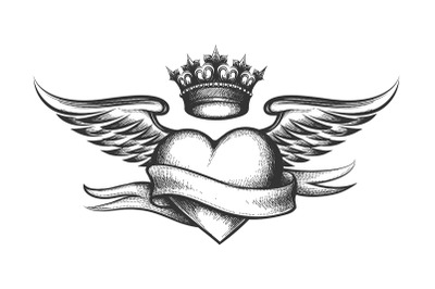 Heart with Crown&2C; Wings and Ribbon Tattoo