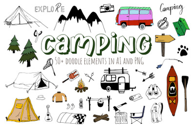 Vector Doodle Clipart &quot;Fall Camping&quot;. Adventure set