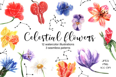 Watercolor Collection of Celestial Flowers and Patterns