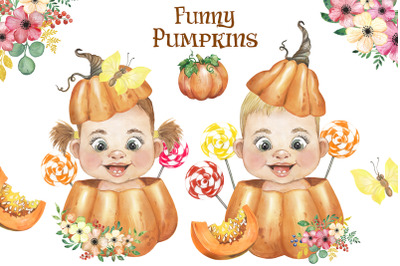 Funny pumpkin watercolor clipart with kids. Children clipart, pumpkin.