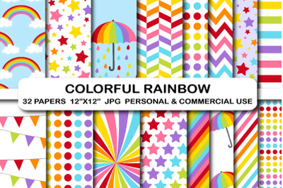 32 Rainbow Digital Papers, Colorful Rainbow Digital Paper