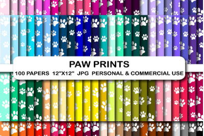 100 Paw print digital papers, Printable digital paper pack