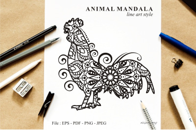 Rooster Mandala Vector Line Art Style 01