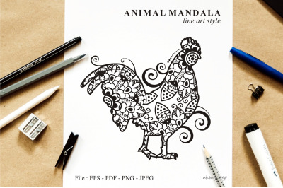 Rooster Mandala Vector Line Art Style 02