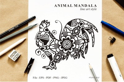 Rooster Mandala Vector Line Art Style 03