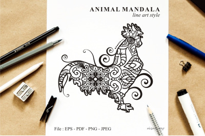 Rooster Mandala Vector Line Art Style 05