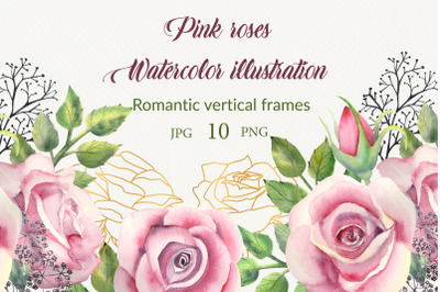 Geometric gold frames with pink rose flowers.