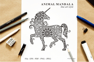 Unicorn Mandala Vector Line Art Style 01