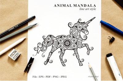 Unicorn Mandala Vector Line Art Style 02